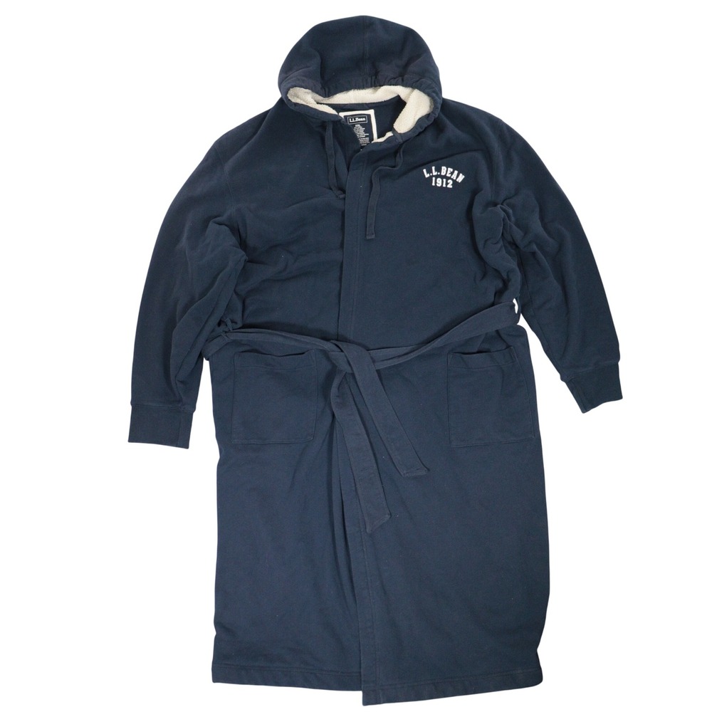 LL Bean Hooded Thick Robe Fleece Sherpa Lined Belted Navy Plush Cozy Men 2XLT